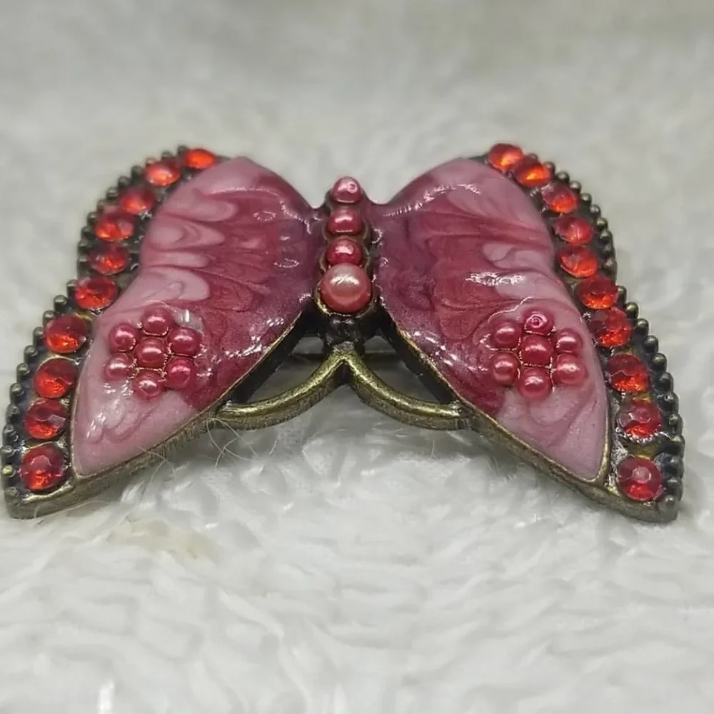 Vintage Butterfly Pink Swirl Pearl red Crystal Pin
